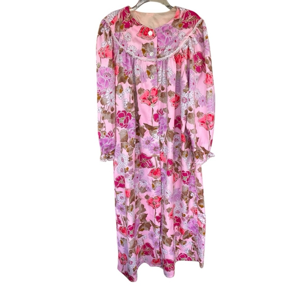 Vintage Pink Flowers Button Uo Dress  Retro Colorful Free Spirit 1950s 1960s 1X